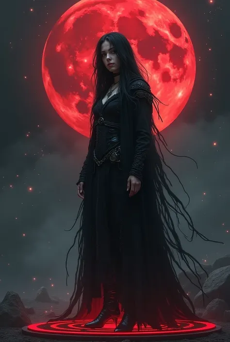 The Starlight Priestess, cloaked in tattered black Gothic steampunk attire, stands on a pulsating ritual disk. Shadows twist around her as the celestial eclipse casts an eerie glow. Her eyes, void of light, reflect the horror of the darkened sky. The air t...