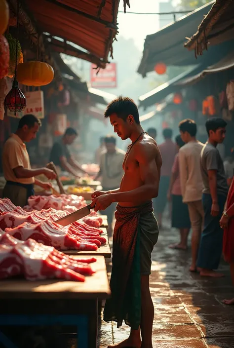 (Photorealism 1.2) high detailed definition cinematic cinematography malay man butcher CUTTING meat in the market many customers situation in the market in the morning sunlight wet floor