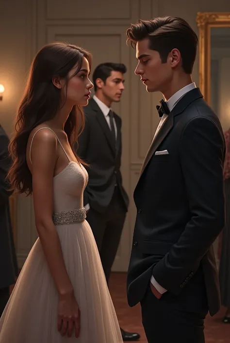 BROWN HAIRED WOMAN IN A SIMPLE PROM DRESS CONVERSING WITH A MAN IN A SUIT. IN THE BACKGROUND SHOW THAT THERE IS ANOTHER MAN LOOKING, it must be REALISTIC