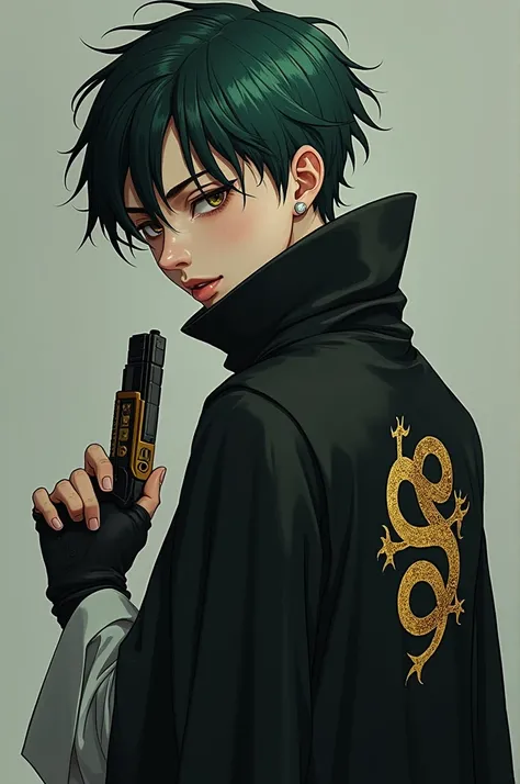 (Haruki,young person from 15 to ,1,78 tall, half green half black hair, mouth and tongue piercing,and with a black cape with the Hydra symbol on the back,a pistol in black details on the gold and white pistol,and a very serious look)