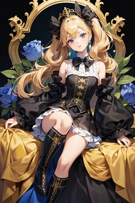 Navias blond hair is curled into four curls at the end, and two curled strands in front, along a black bow, tied in the back of her head.

Navia wears an ornate dress with a navy, white, and black bodice, a layered black and yellow long skirt, and a white ...