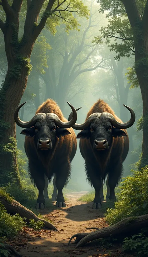 Two large wild buffalo in the forest.