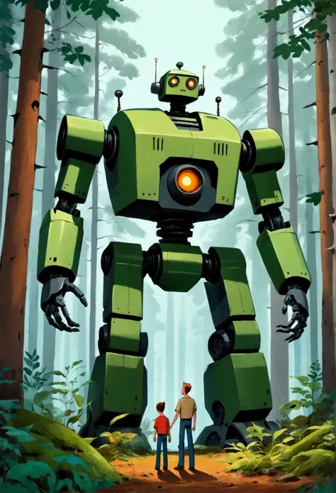 In the forest，One standing in front of a robot, Robots take over the forest,  meet, Wayne Barlow and James Gilliard, Inspired by Jakub Skaneder, Steel giant, inspired author：Ivan Generalic, author：Ivan Generalic, cartoon, Movie posters without text, the St...