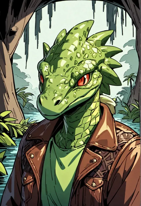 Portrait of a Lizardman with slime like skin, Skin Slightly transparent and gelatinous, swamp, water, jungle, wearing leather clothing, hippie, peaceful, comfortable, Fantasy, Dungeons and Dragons, Body of Lizardman, Hippie jacket, Hippie Shirt, Peace Sign