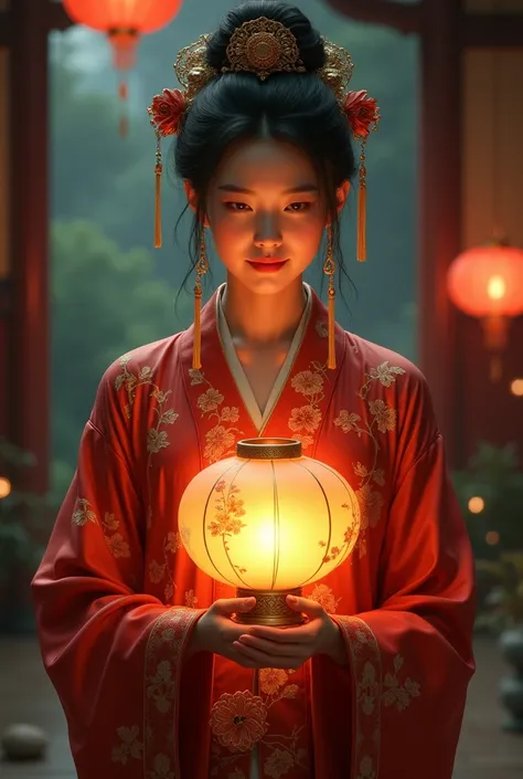 Chinese woman in ancient Chinese dress holding a lantern