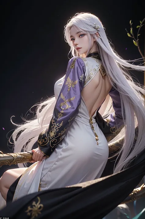 A young man with serene and calm purple eyes, Long white hair falls like a cascade down her back, dressed in a loose, flowing black tunic with golden dragon embroidery, mysterious and mystical, in the background a fairyland: immortals and gods, Demons and ...