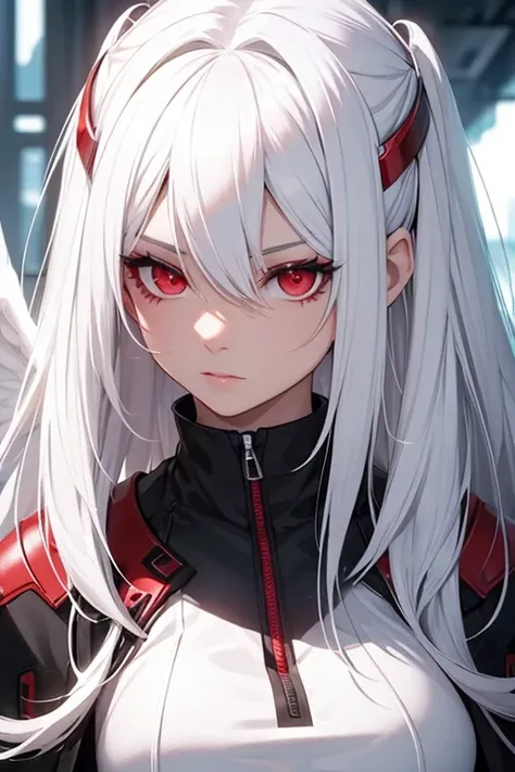 create a female protagonist with white hair and red eyes named Angel