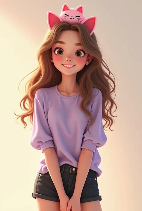 Elisa , skin fair, eyes browns, glad, with dimples in the cheeks, lilac blouse, shorts preto, White sneakers, pink kitty tiara, cabelo castanho claro longo com cachos nas pontas 