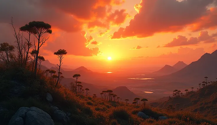 Large vegetation in tundra and a beautiful orange sun 