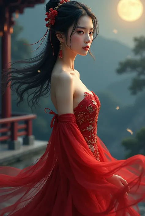 Chinese woman wearing red ancient Chinese dress at night