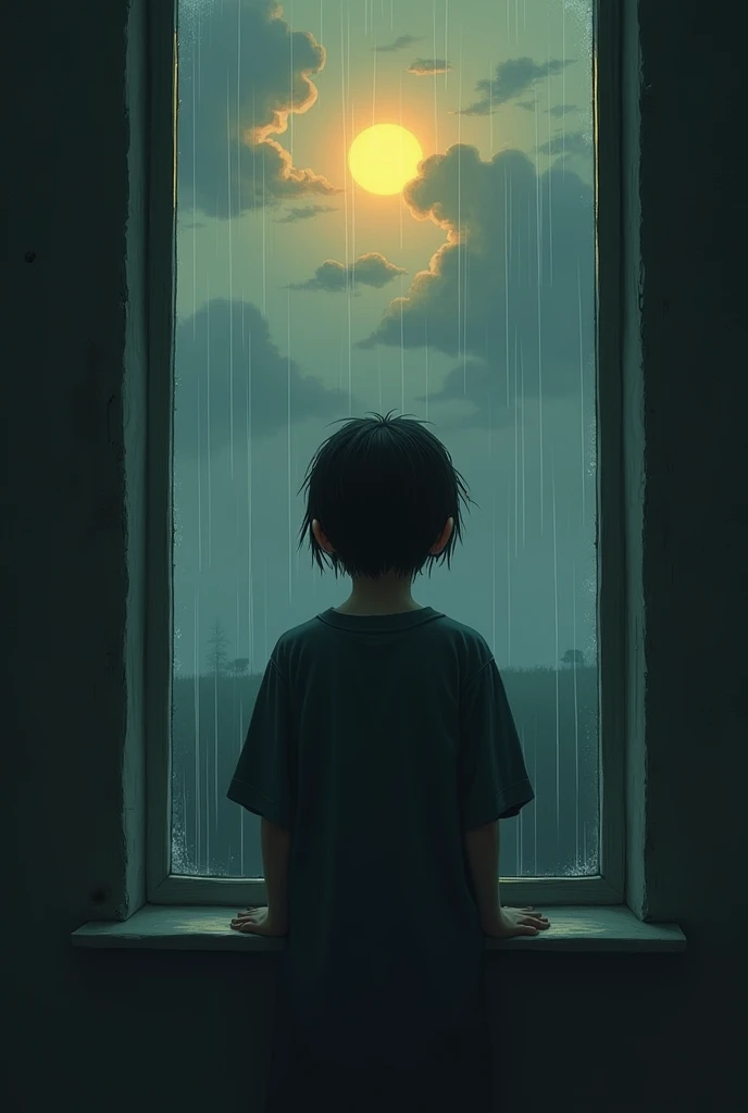 A surreal image of a sad day with dark, rainy clouds behind a window and a sun between clouds 