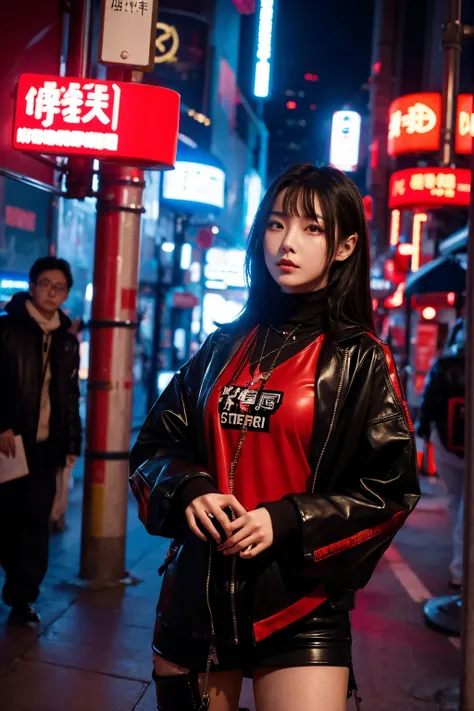 cyberpunk book cover. cybernetic chinese sexy girl wearing red cheonsam in japan future city street
