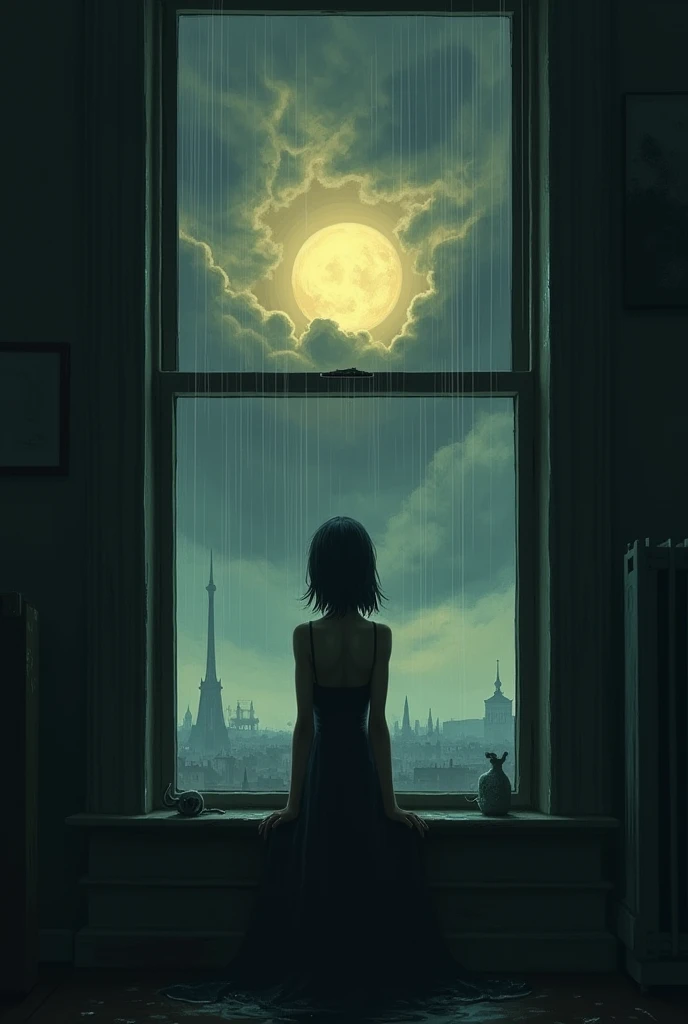 A surreal image of a sad day with dark, rainy clouds behind a window and a sun between clouds 