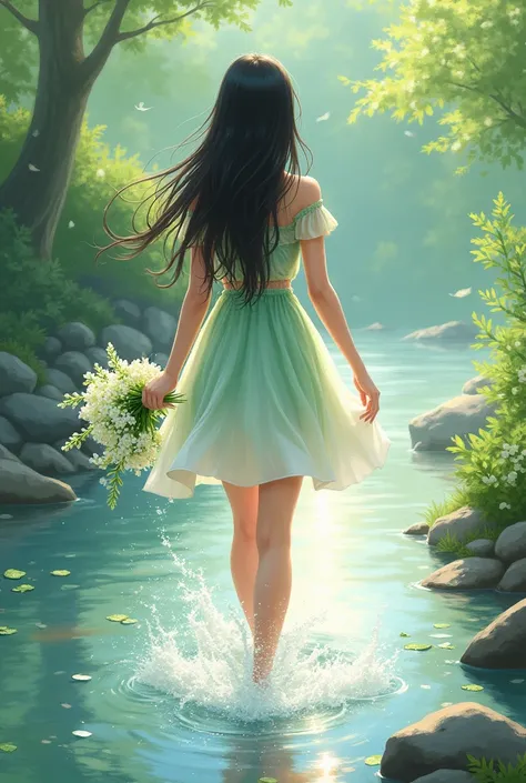 full lenght hiper 3k. A beautiful young woman, sweet and gentle, 20 years old, with long, flowing black hair, wearing a light green and white short dress, a white skirt holding a white flower bouquet, walking and splashing water, a beautiful, refreshing an...