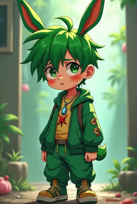 A young man with green hair, with green bunny ears and tail, with a tired expression, with dark circles, with a hiphop style outfit, baggy pants, and red stars on the nipples, and a necklace with a siphon. in a cartoon style, in a ballad.