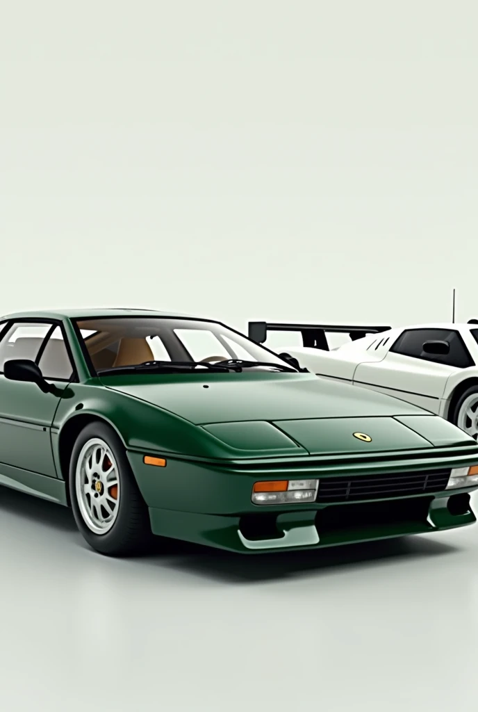 A british racing green lotus esprit posing with a White Mclaren F1 GTR