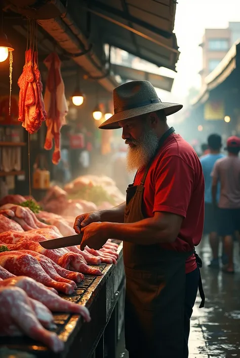 (Photorealism 1.2) 8k high detailed definition cinematic cinematography stout Malay man wearing a bearded hat butcher cutting meat in the market many customers situation in the market in the morning sunlight wet floor wearing an apron realism 