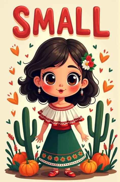 A cartoon of a girl with dark brown eyes,Lips painted strawberry red,shoulder length wavy hair dark brown color,fringe on each side,what say "small"  in capital letters, dressed as a Mexican, below the girl with an image related to the independence of Mexi...