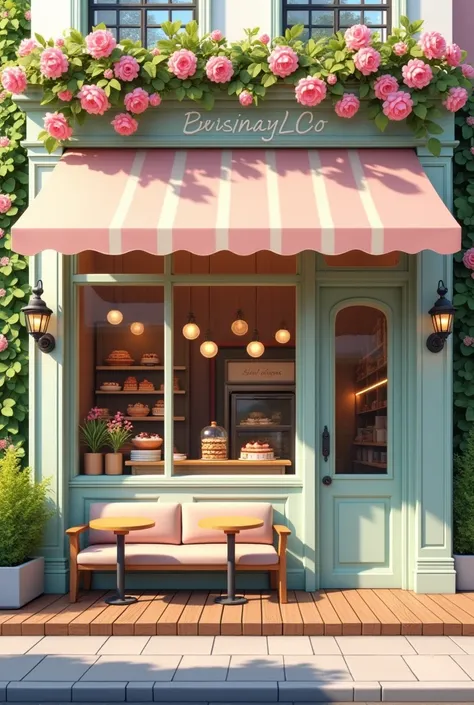 a French style bakery with a double door entrance, a display window with an awning above and a sofa-like bench below , with a wooden deck in front of the window with tables, in light green and light pink, There are pink flowers on top of the facade, the fr...