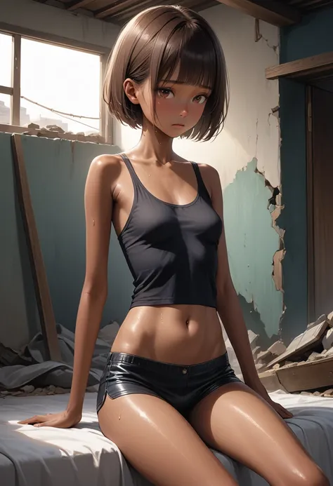 (masterpiece,Highest quality:1.3,best quality illustration),realistic,after sex,cowboy shot,1woman,30 year old Japanese beauty,((very small head:1.4)),short bob hair,brown hair,bangs,brown eyes,gorgeous eyes,shy、small breasts,((very long body:1.4,tan skin:...