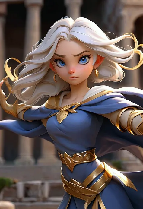 1 girl, elf, colosseum, blue cape, spread arms, (gold|silver|platinum hair 1.2) long hair, flowing hair, wind, gold laurel wreath, dynamic angle, dynamic lighting, nude, middle boobs, black blindfold, serious facial expression