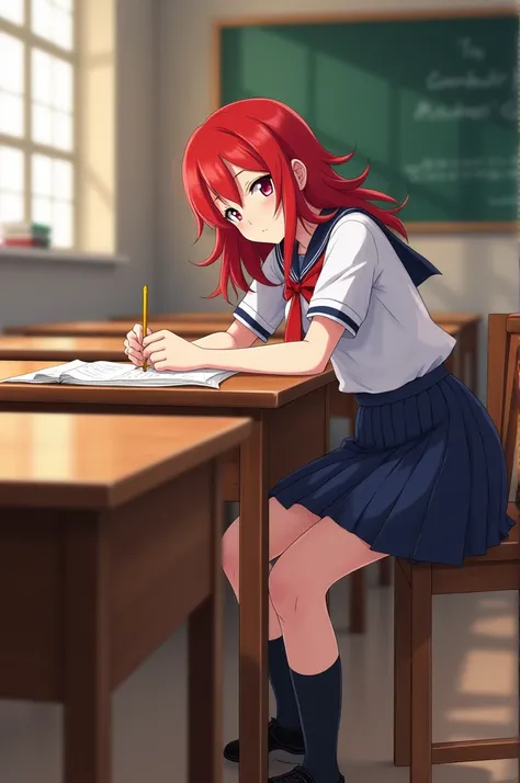 Red haired girl studying in school uniform 