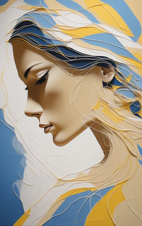 Illustrates the elegant and stunning face of a beautiful woman in profile using graceful white lines on a yellow and blue canvas. 