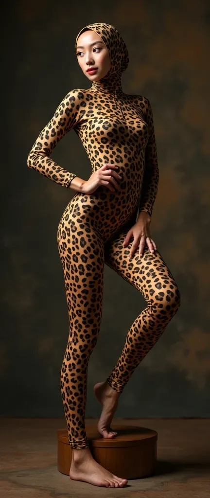 
A beautiful and thin chinese contortion girl wears leopard print lycra turtleneck unitard catsuit.She always wear leopard print lycra dancewear hijab-like costume hood.She is my contortionist.She sits on the circus pedestal.