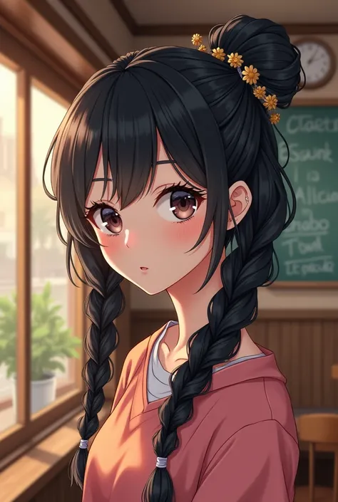 Anime Hair: braids Eyes: cafes Hair color: black CLOTHING: from the eighties Color of clothing: 
Accessories: a side bun Age:18 years