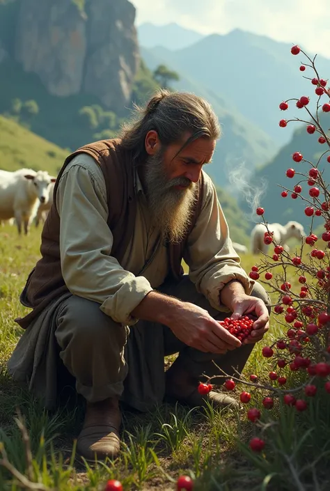 Goat herder eating red berries from a bush