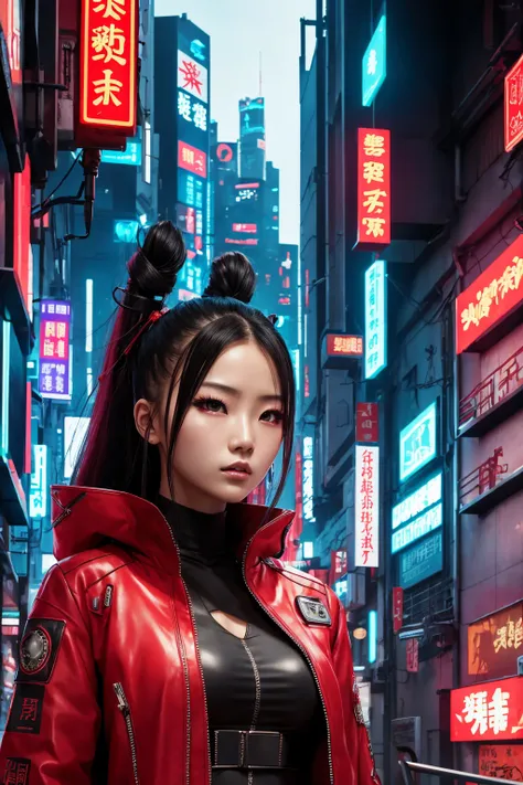 cyberpunk book cover. cybernetic chinese sexy girl wearing red cheonsam in japan future city street
