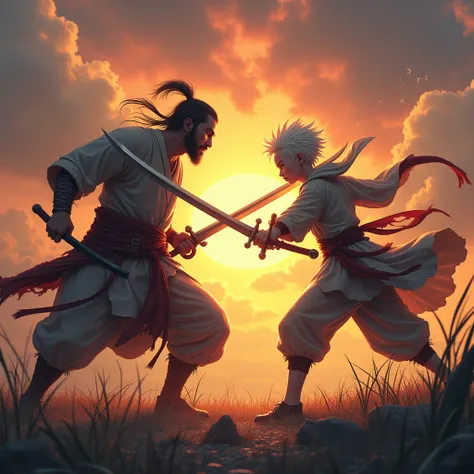 but he is a  albino boy of 1.65 vs a 20-something year old man in an epic battle, the young man with a golden katana and the man with a black sword, and in the background the Kingdom of the young and a sunrise