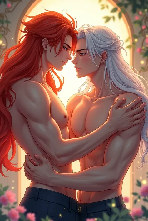 Anime gay Long-haired red-haired man and long-haired white-haired man 