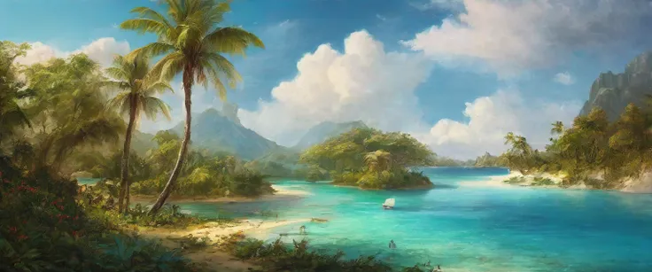 create a stunning painting of a beautiful lagoon. Wonderful turquoise water. Lots of palm trees and a breathtaking jungle around the water. The lagoon opens onto a sandy beach and an open sea.