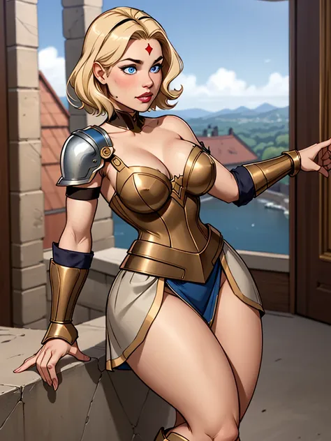 Girl with short blonde hair, blue eyes, Wearing A bodice of armor, a bodice of bronze-colored iron with a silver armband on one side of the shoulder, wearing a brown leather strip skirt, wearing a tiara on her forehead, and thick thighs, defined breasts