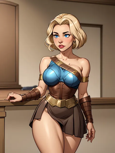 Girl with short blonde hair, blue eyes, Wearing A bodice of armor, a bodice of bronze-colored iron with a silver armband on one side of the shoulder, wearing a brown leather strip skirt, wearing a tiara on her forehead, and thick thighs, defined breasts