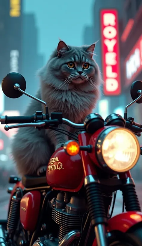 Grey Persian cat in red Royal Enfield bike in cyberpunk at night, with fog