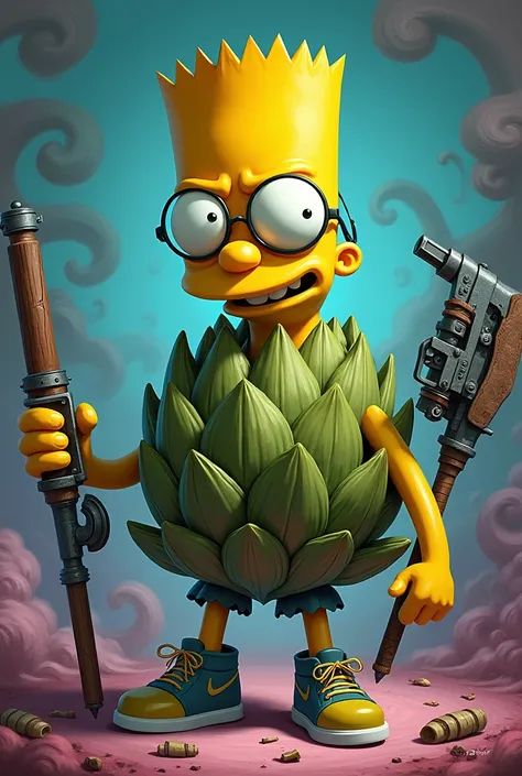 Bart Simpson in the form of an artichoke with glasses and weapons