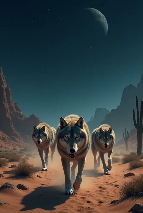 Realistic images of wolves stalking in a desert at night