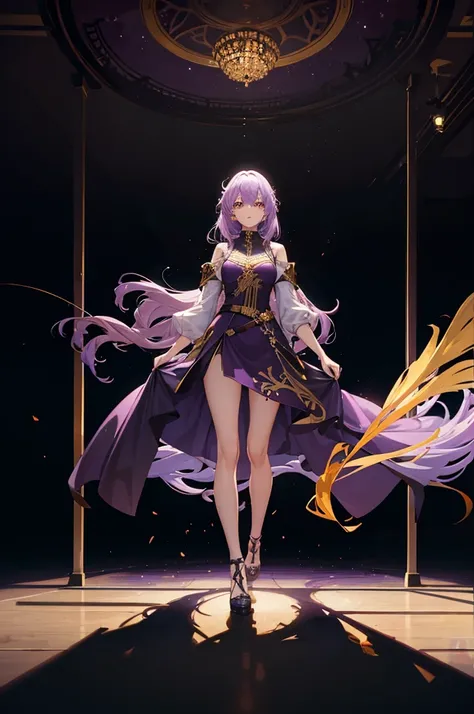 1woman, tall, light purple hair, golden eyes, dress, standing on ground, high res, ultra sharp, 8K, masterpiece