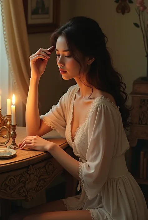 Woman at dressing table with lace robe covering her body brushing her hair, thinking about love