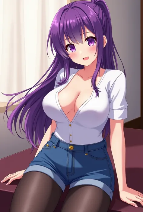 fille avec des cheveux violets attaché yeux violet, seins énormes éclatants chemise blanche manches courtes, hanches larges, gros seins, hauts, shorts bleu, collants haut noirs, jambes légèrement écartées jolie fesses 

(Anime)