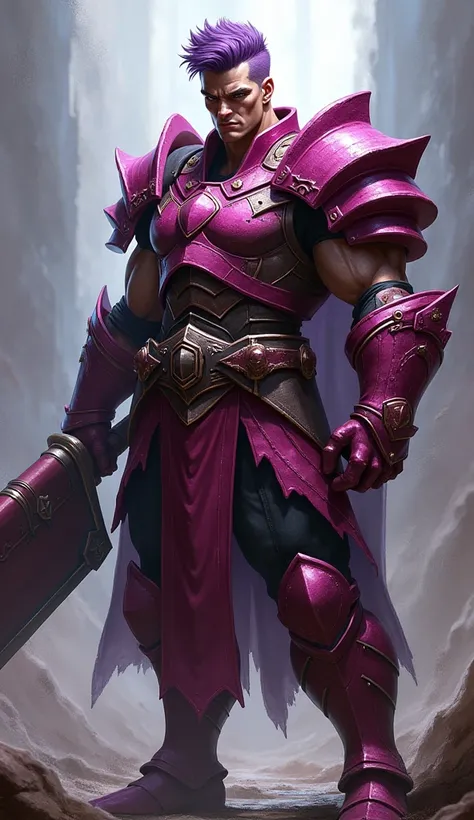 Strong male warrior, whole body, Purple short-haired, Dark pink armor and helmet, Holding a sword