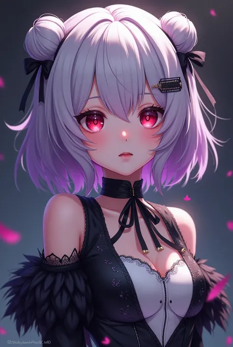 Girl with white hair that fades to purple with short hair with two buns as a hairstyle on the top of her head and the rest of her hair loose. Her eyes are wine-colored with pink with the clothes of 2b from Nier Automata, black dress with white details. A m...