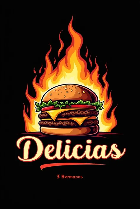 Make me a logo with a drawing of a very juicy and big hamburger with fire coming out of it on a black background and the name of Delicias 3 Hermanos around it  (in Spanish)