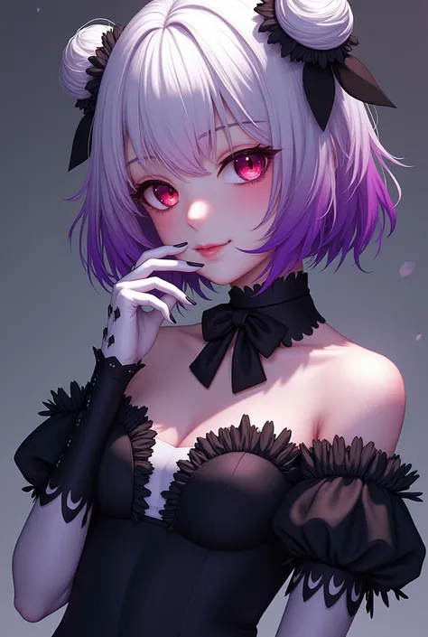 Girl with white hair that fades to purple with short hair with two buns as a hairstyle on the top of her head and the rest of her hair loose. Her eyes are wine-colored with pink with the clothes of 2b from Nier Automata, black dress with white details. A m...