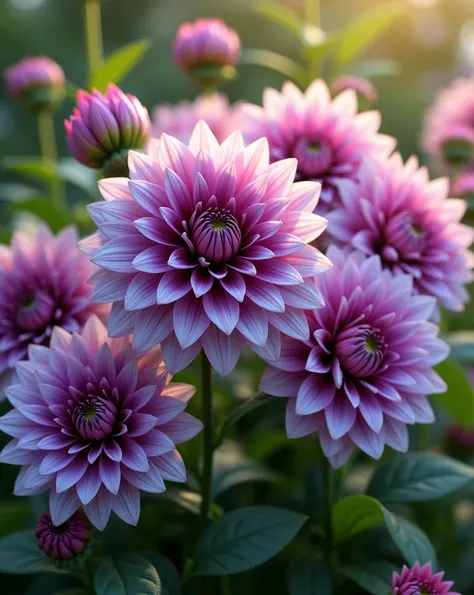 Create a vibrant garden scene featuring a cluster of blooming dahlias with striking purple and white petals. The flowers are in full bloom, with layers of perfectly shaped petals radiating from deep purple centers, gradually transitioning to white at the e...