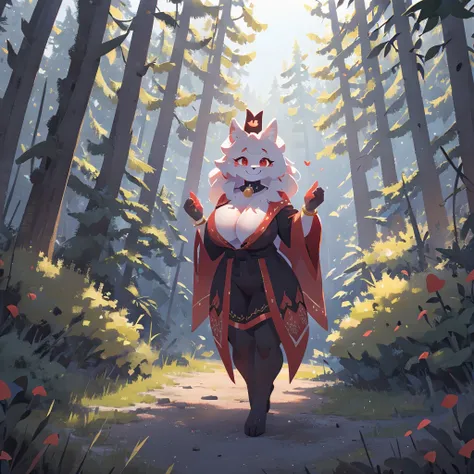 Female white and red kitsune, black crown, big breasts, big thighs, big ass, red patterns on body, 3 white fluffy tails with red tip attached to back of pelvis, Pretty red eyes, white fur tufts, wearing red and black royal robe that covers her chest and th...