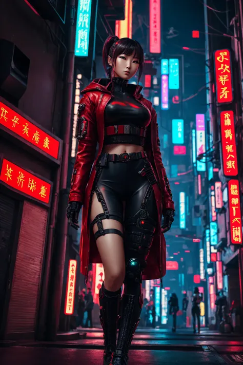 cyberpunk book cover. cybernetic chinese sexy girl wearing red cheonsam in japan future city street
