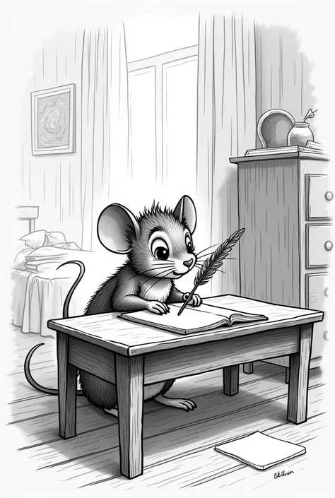 a mouse in a bedroom that has a desk at which he is writing. The image must be in black and white.